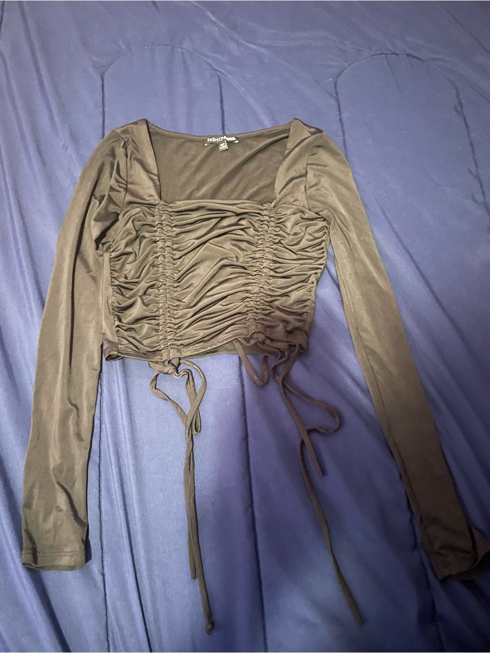 Fashion Nova Olive Ruched Long Sleeve Crop Top